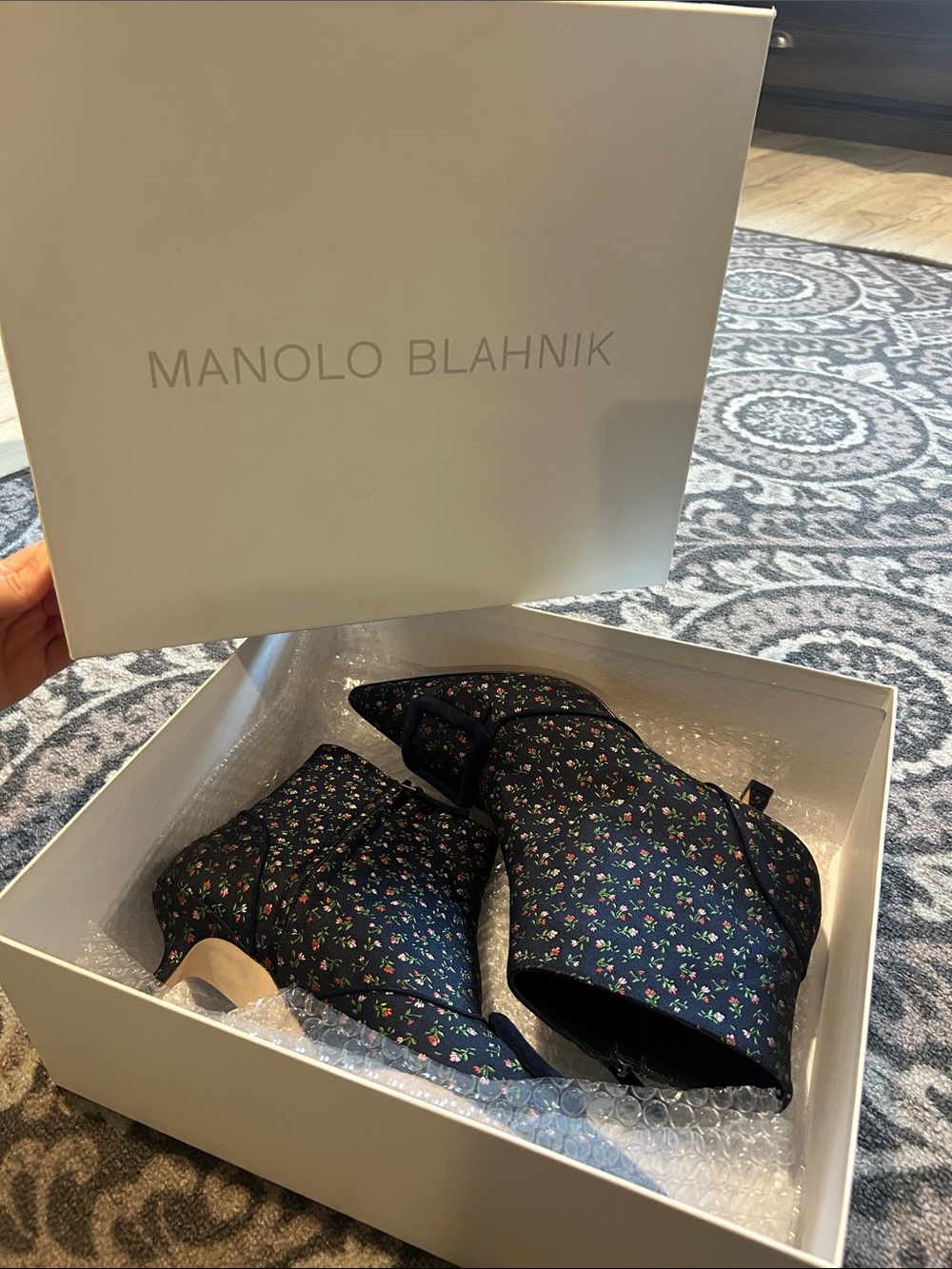 Manolo Blahnik Women’s Navy Floral Ankle Boots